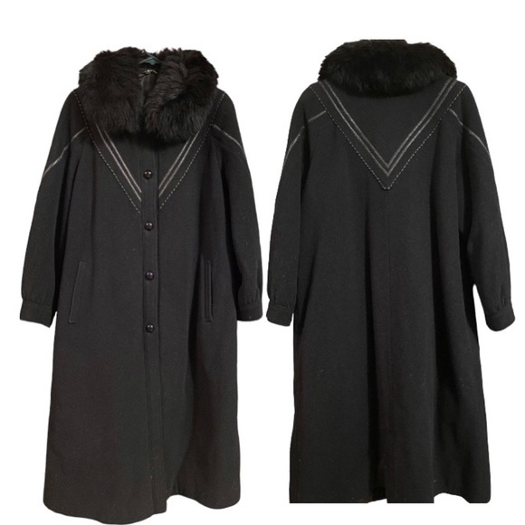 Vintage 70s 80s Fur Wool Pea Trench Coat Long Leather Inserts Button Down Warm - Picture 16 of 16